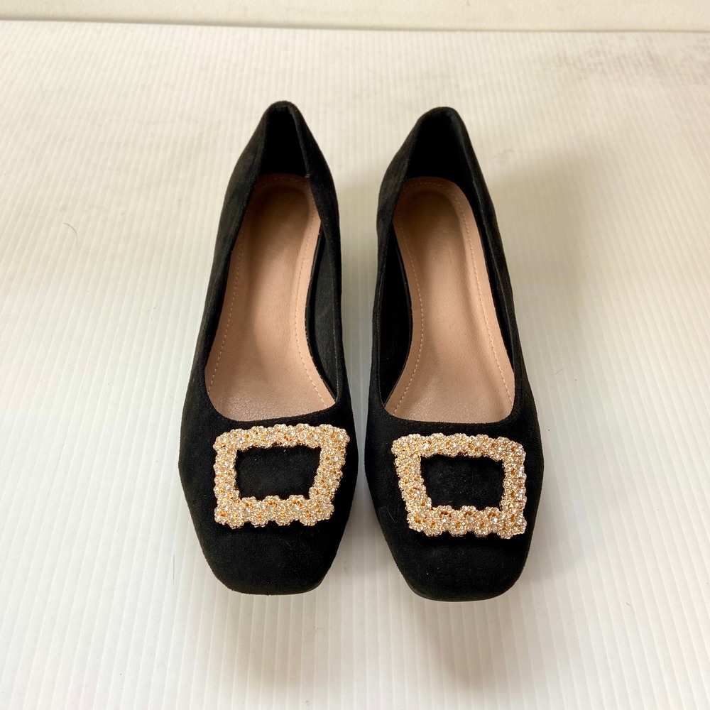 Black Faux Suede Leather Square Toe Ballet Flats Rhinestone Buckle Womens 10 NEW